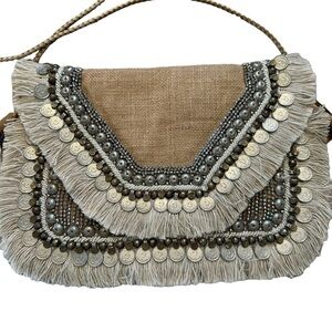 Shashi Coin and Silver Beaded Burlap Clutch Purse with Shoulder Strap